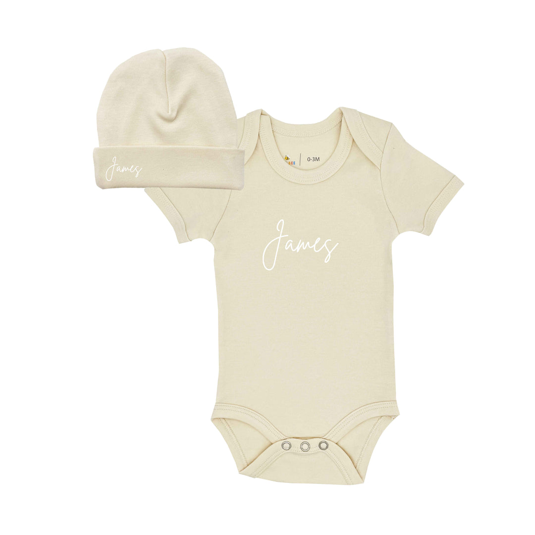 Romper & mutsje met naam | Beige